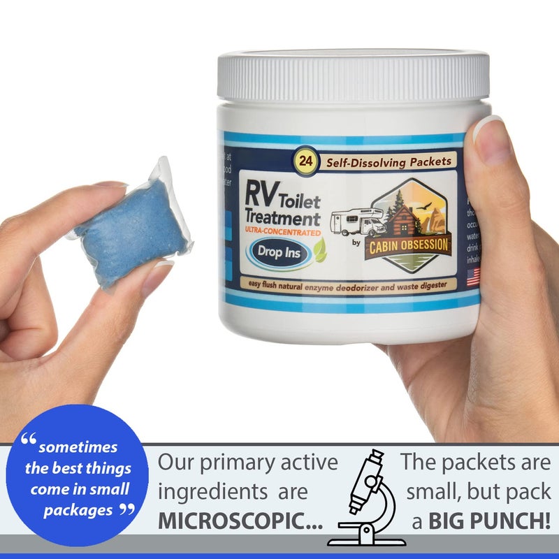 Cabin Obsession RV Toilet Treatment Drop Ins - 24 Easy Flush Self-Dissolving RV Black Tank Treatment Packets - Eliminate Odors and Break Down Waste Within Your RV Holding Tank - Image 3
